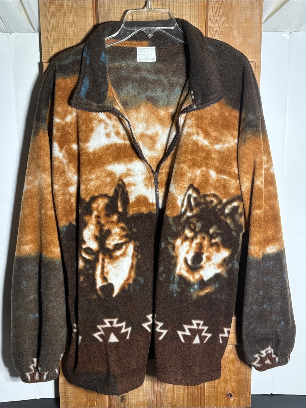 Vintage Wolf Fleece Jacket All Over Print Full Zip Brown Large 2XL unisex